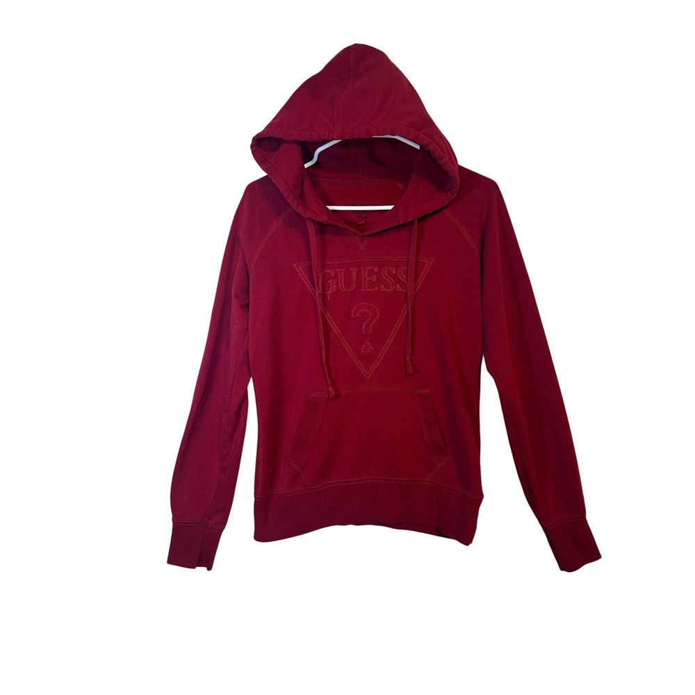 GUESS Burgundy Red Cotton‎ Blend Hoodie Sweatshirt Long Sleeve Kangaroo Pocket M